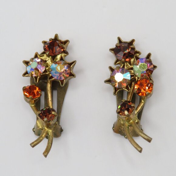 Austrian Vintage Aurora Borealis Clip On Earrings - Picture 1 of 9